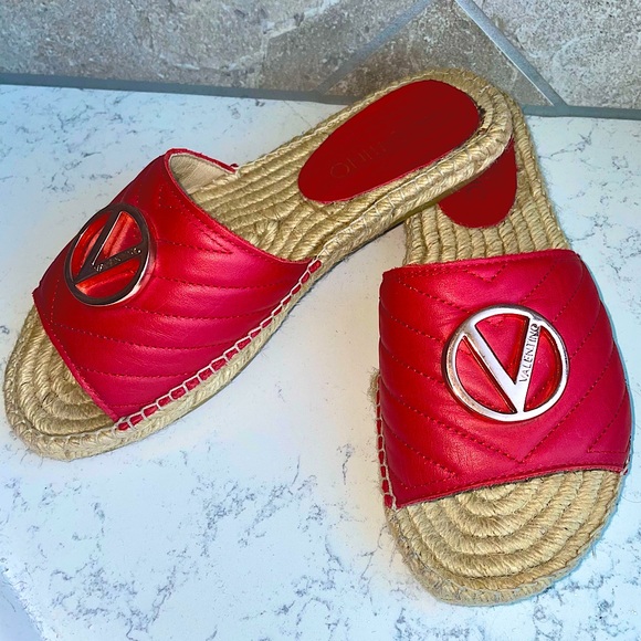 VALENTINO Red Clavel Quilted Leather Espadrille Slides - Picture 2 of 7